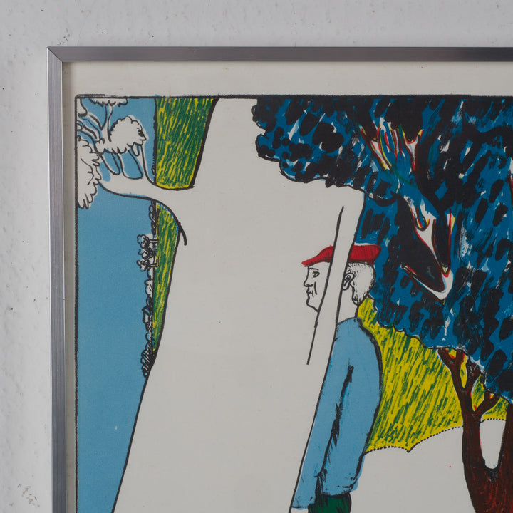 Colorful lithograph with figures behind trees by Hannes Postma – "Code 3x2"