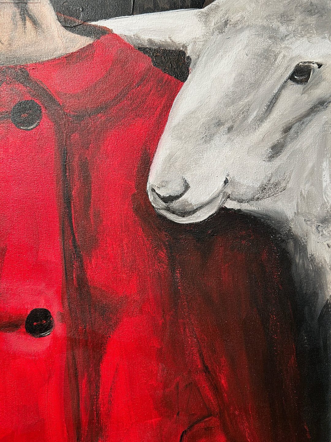 Atelier S – La Fille au Manteau Rouge | Meisje tussen de Schapen – Schilderij 60 x 80 x 4 cm