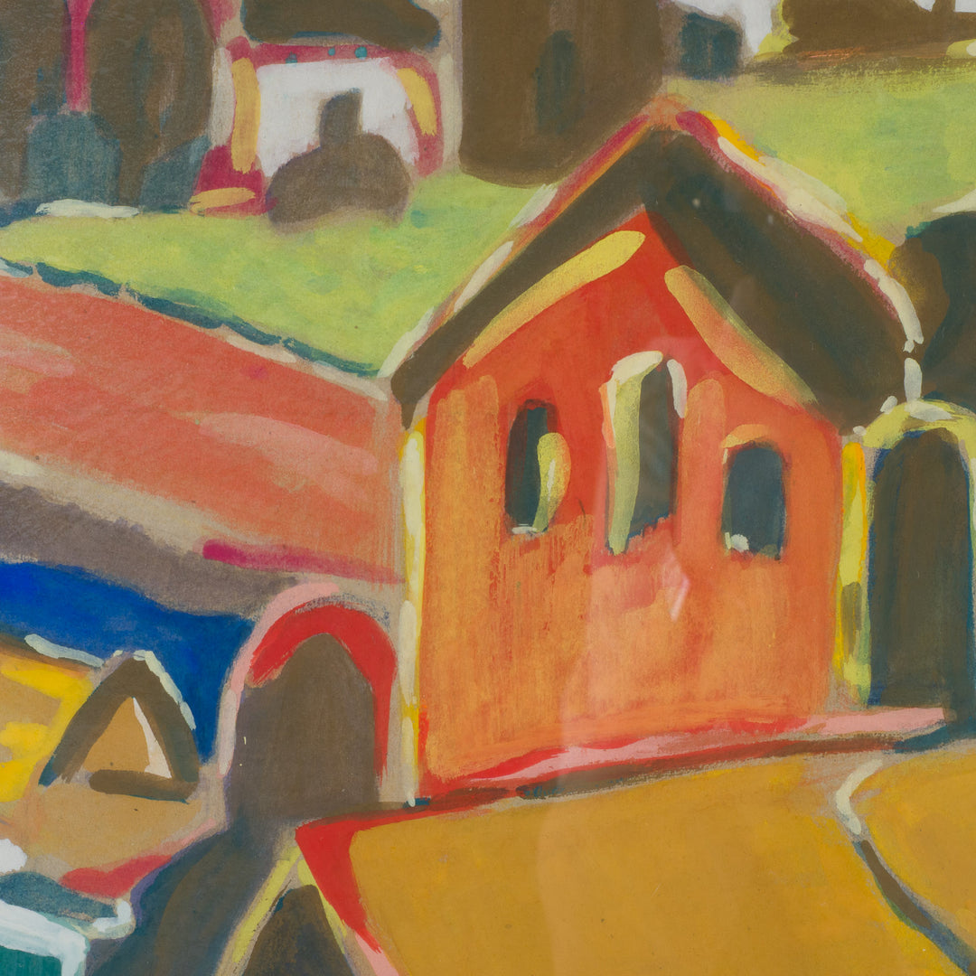 Schilderij “Huizen aan Zee – Kobaltblauw Landschap” door S. Matthijs