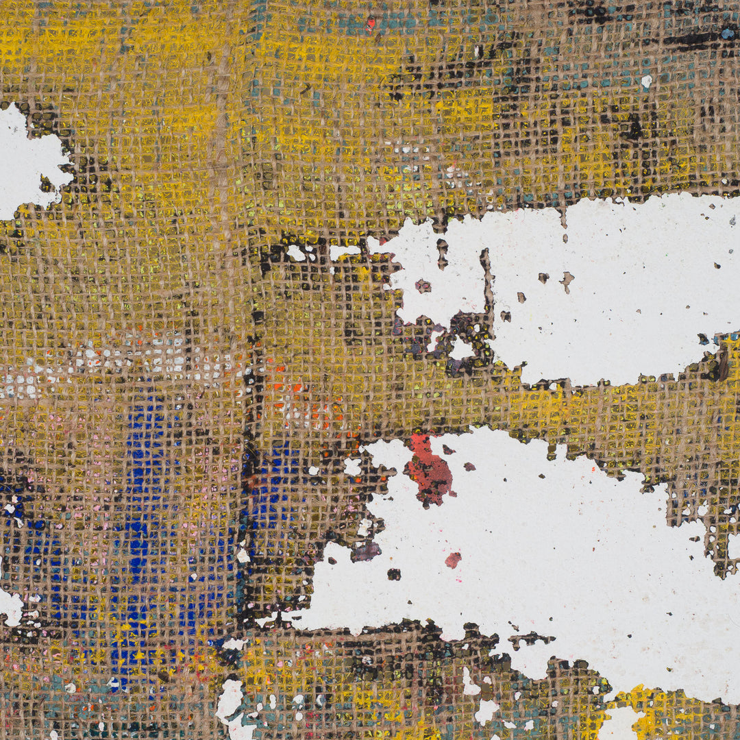 Schilderij van een iconisch figuur op jute – Heidi Schoefs – 117x110 cm