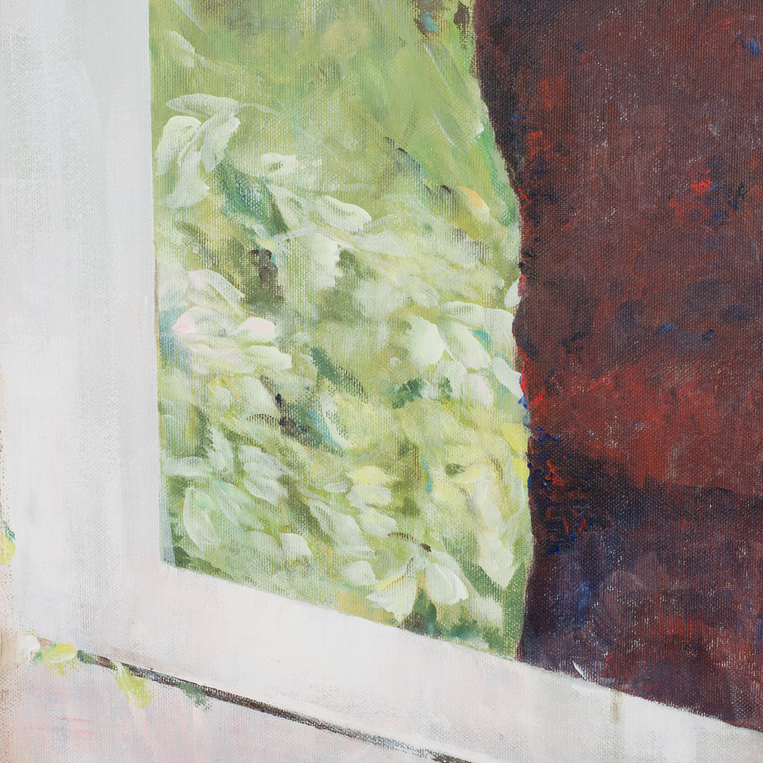 Schilderij van Rita Pollet – man kijkend door het raam in zachte pasteltinten