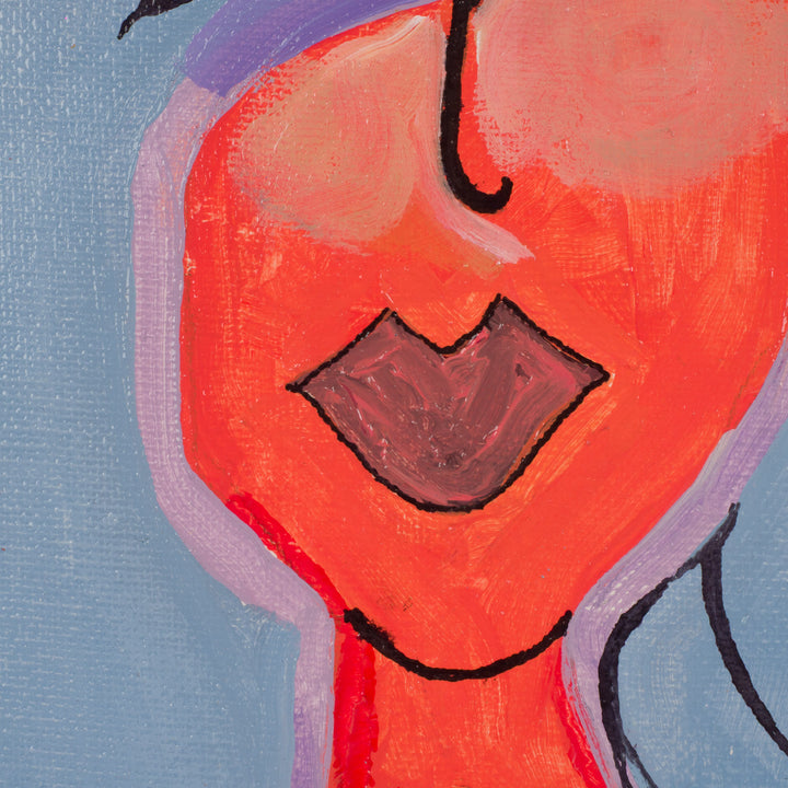 Schilderij geometrisch vrouwengezicht in licht blauw, paars en oranje – JP Terryn (2021) – 21 x 30 cm