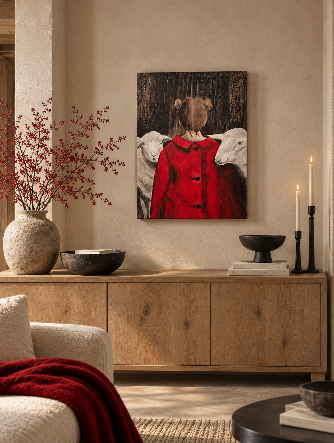 Atelier S – La Fille au Manteau Rouge | Meisje tussen de Schapen – Schilderij 60 x 80 x 4 cm