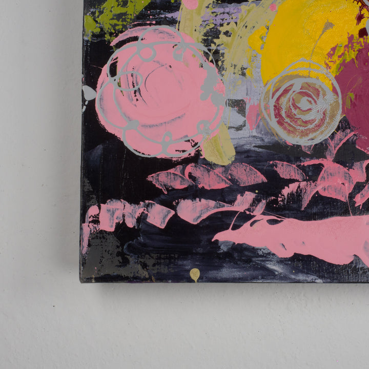 Hedendaags abstract schilderij in roze en groen door Hilde Deceuninck