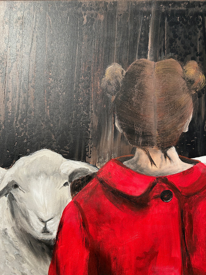Atelier S – La Fille au Manteau Rouge | Meisje tussen de Schapen – Schilderij 60 x 80 x 4 cm