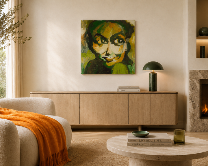 Portretschilderij van een vrouw in groen, geel en oranje door kunstenares Hilde Deceuninck