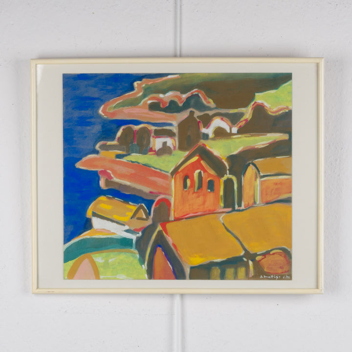 Schilderij “Huizen aan Zee – Kobaltblauw Landschap” door S. Matthijs