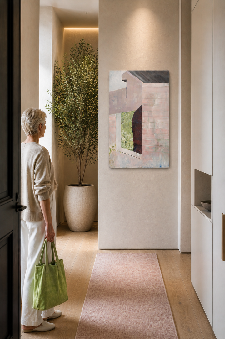 Painting by Rita Pollet – man looking through the window in soft pastel shades
