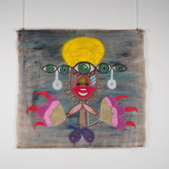 Schilderij van een iconisch figuur op jute – Heidi Schoefs – 117x110 cm