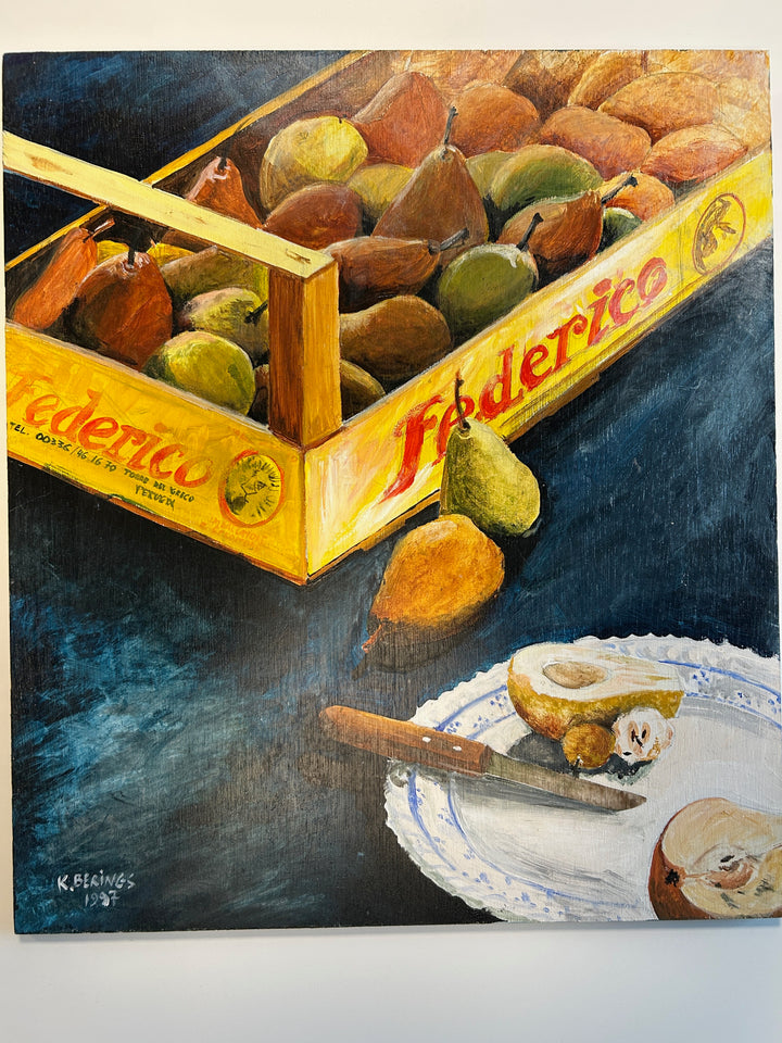 Kristien Berings – Stilleven met peren in kist – 1997 – 50 x 57 x 1 cm