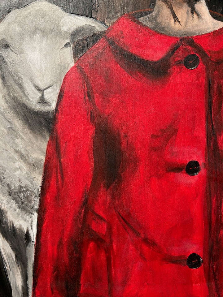 Atelier S – La Fille au Manteau Rouge | Meisje tussen de Schapen – Schilderij 60 x 80 x 4 cm