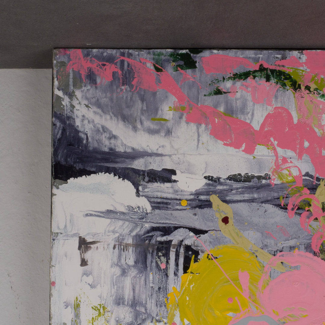 Hedendaags abstract schilderij in roze en groen door Hilde Deceuninck