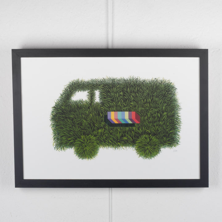 Elias – Surreal Lithograph with Green Van | 69 x 49 cm (framed) 