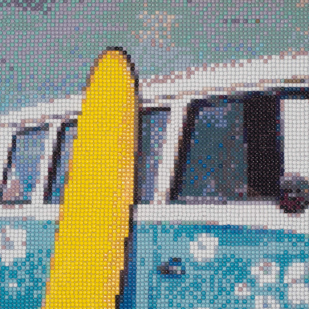 Unique painting in iron-on beads – Volkswagen T1 bus in blue and yellow