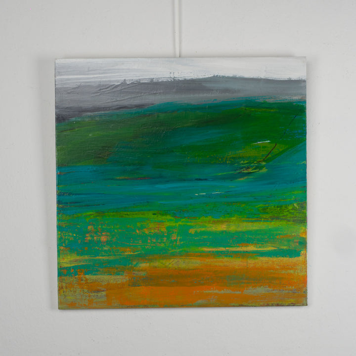 Modern abstract schilderij in groen, wit en oranje door Jacques Hemain