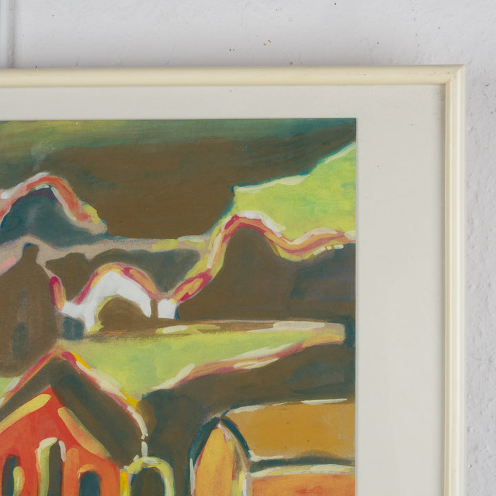 Schilderij “Huizen aan Zee – Kobaltblauw Landschap” door S. Matthijs