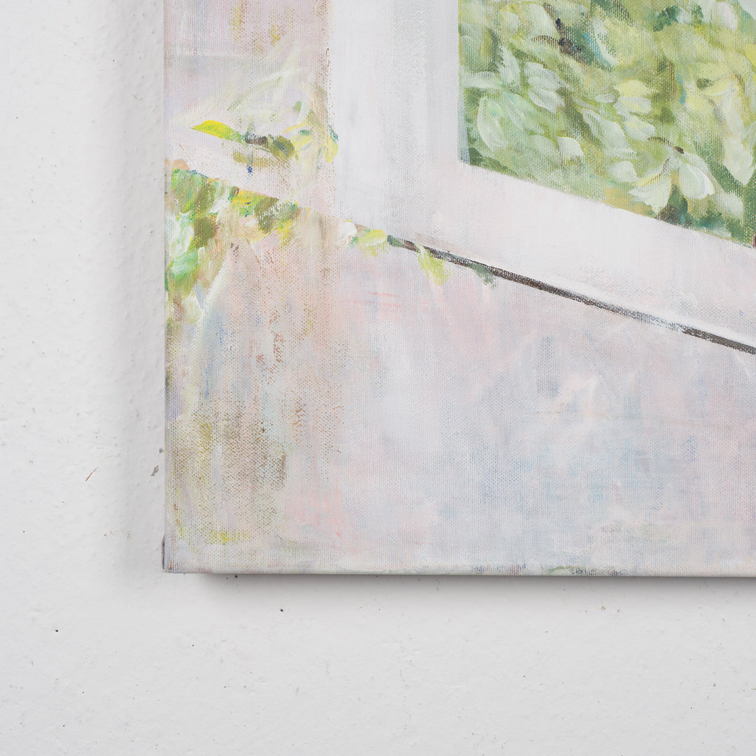 Schilderij van Rita Pollet – man kijkend door het raam in zachte pasteltinten