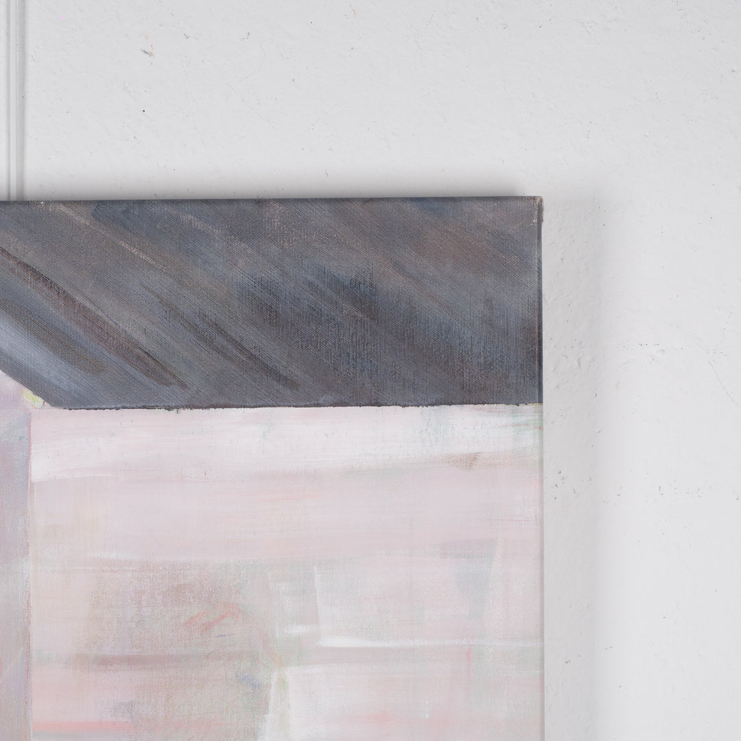 Schilderij van Rita Pollet – man kijkend door het raam in zachte pasteltinten