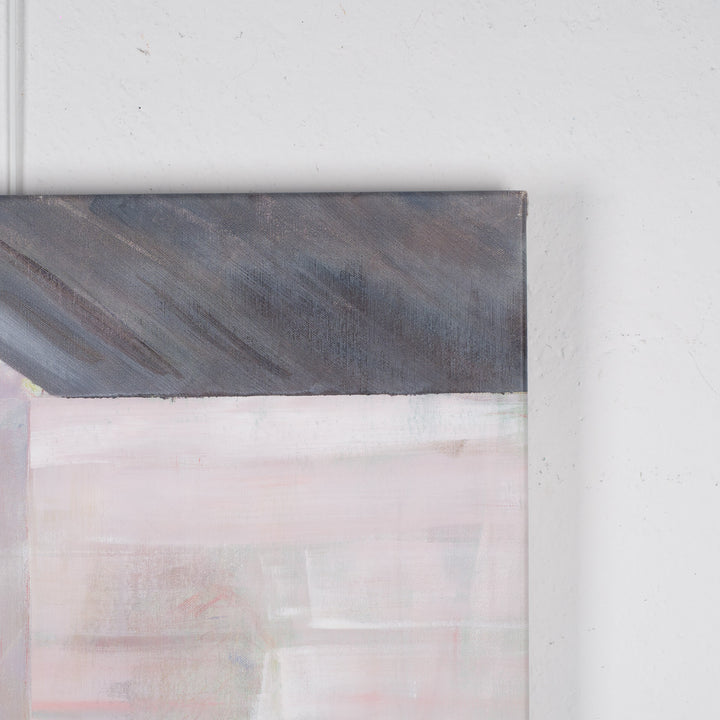 Schilderij van Rita Pollet – man kijkend door het raam in zachte pasteltinten