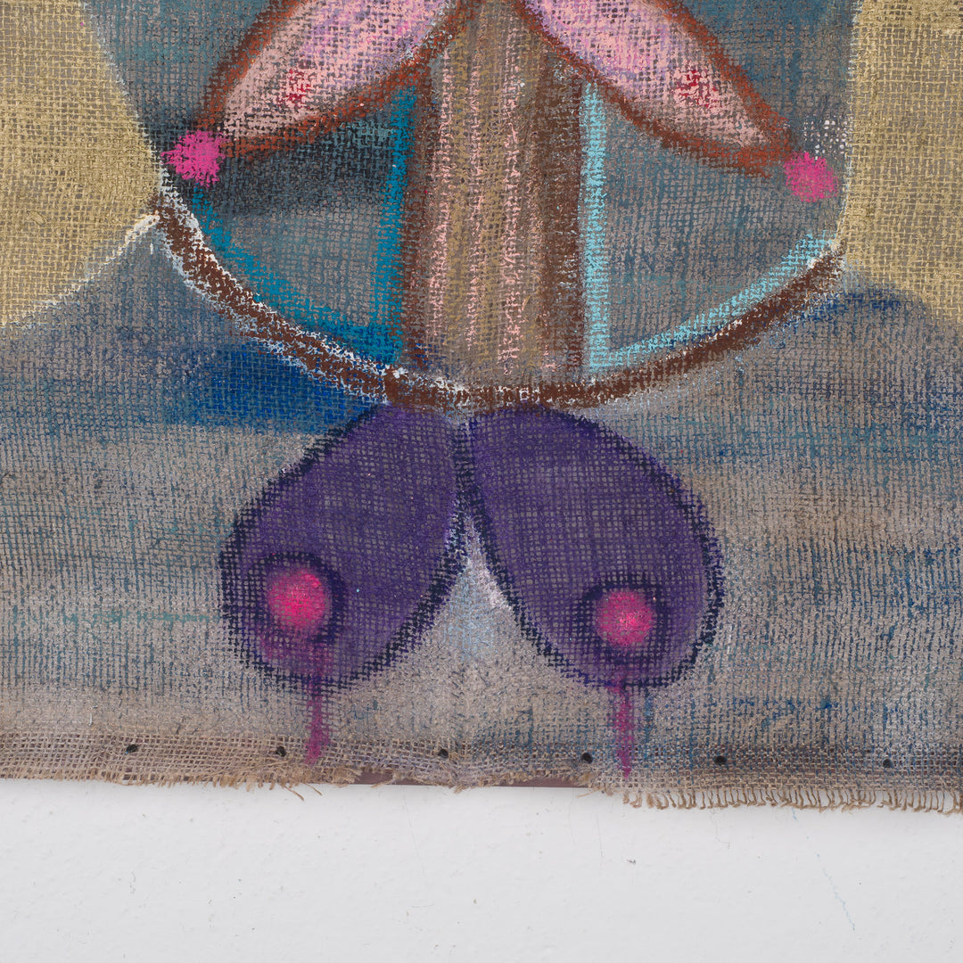 Schilderij van een iconisch figuur op jute – Heidi Schoefs – 117x110 cm