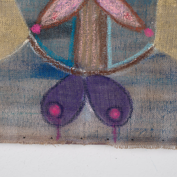 Schilderij van een iconisch figuur op jute – Heidi Schoefs – 117x110 cm