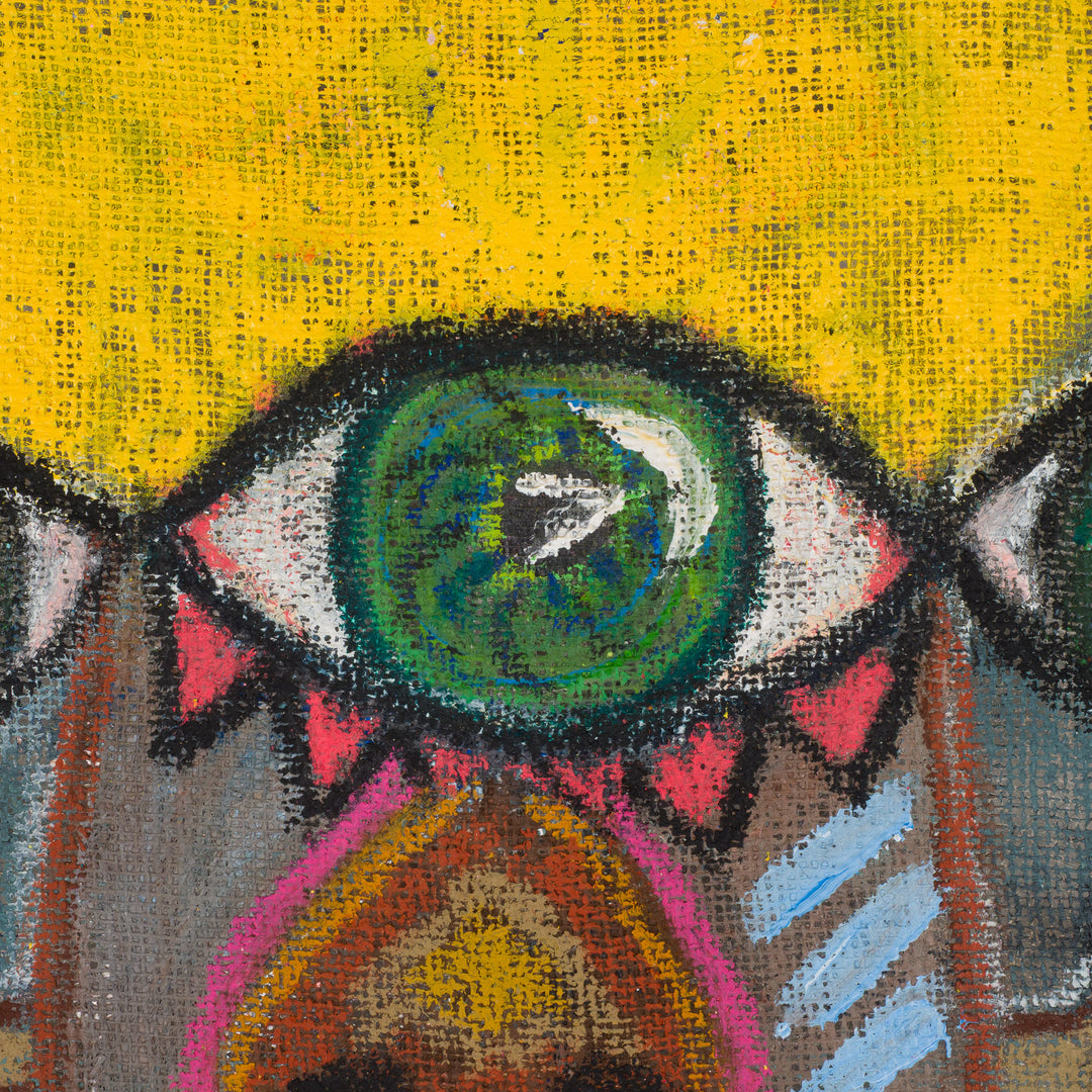 Schilderij van een iconisch figuur op jute – Heidi Schoefs – 117x110 cm