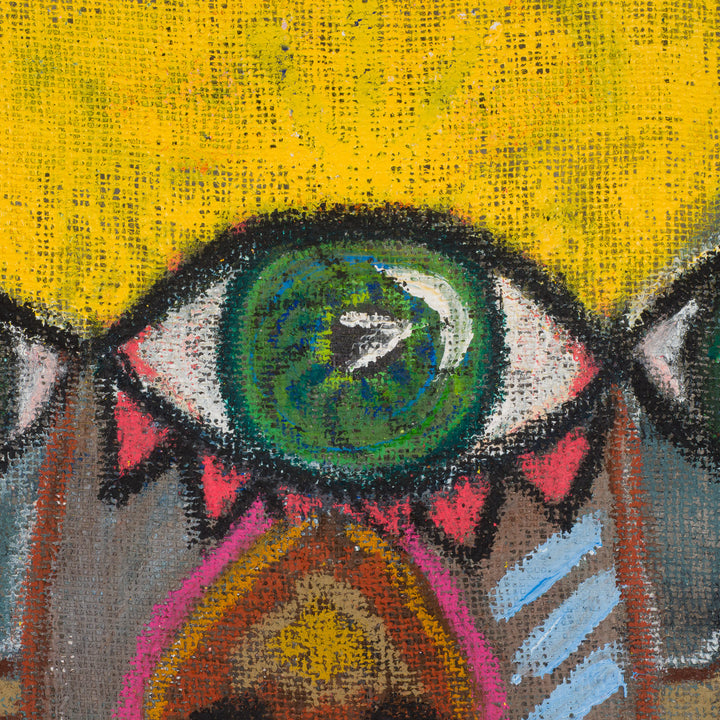 Schilderij van een iconisch figuur op jute – Heidi Schoefs – 117x110 cm