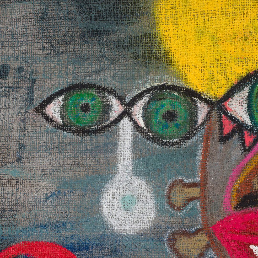 Schilderij van een iconisch figuur op jute – Heidi Schoefs – 117x110 cm