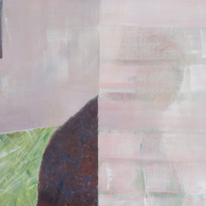 Schilderij van Rita Pollet – man kijkend door het raam in zachte pasteltinten