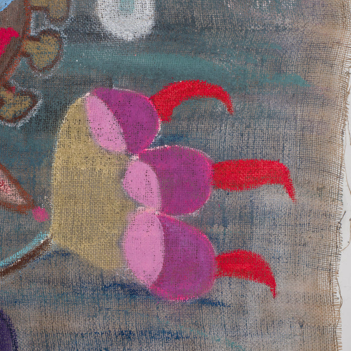 Schilderij van een iconisch figuur op jute – Heidi Schoefs – 117x110 cm