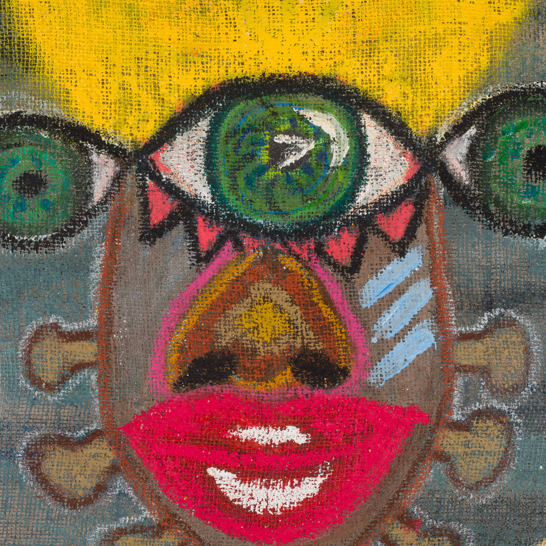 Schilderij van een iconisch figuur op jute – Heidi Schoefs – 117x110 cm