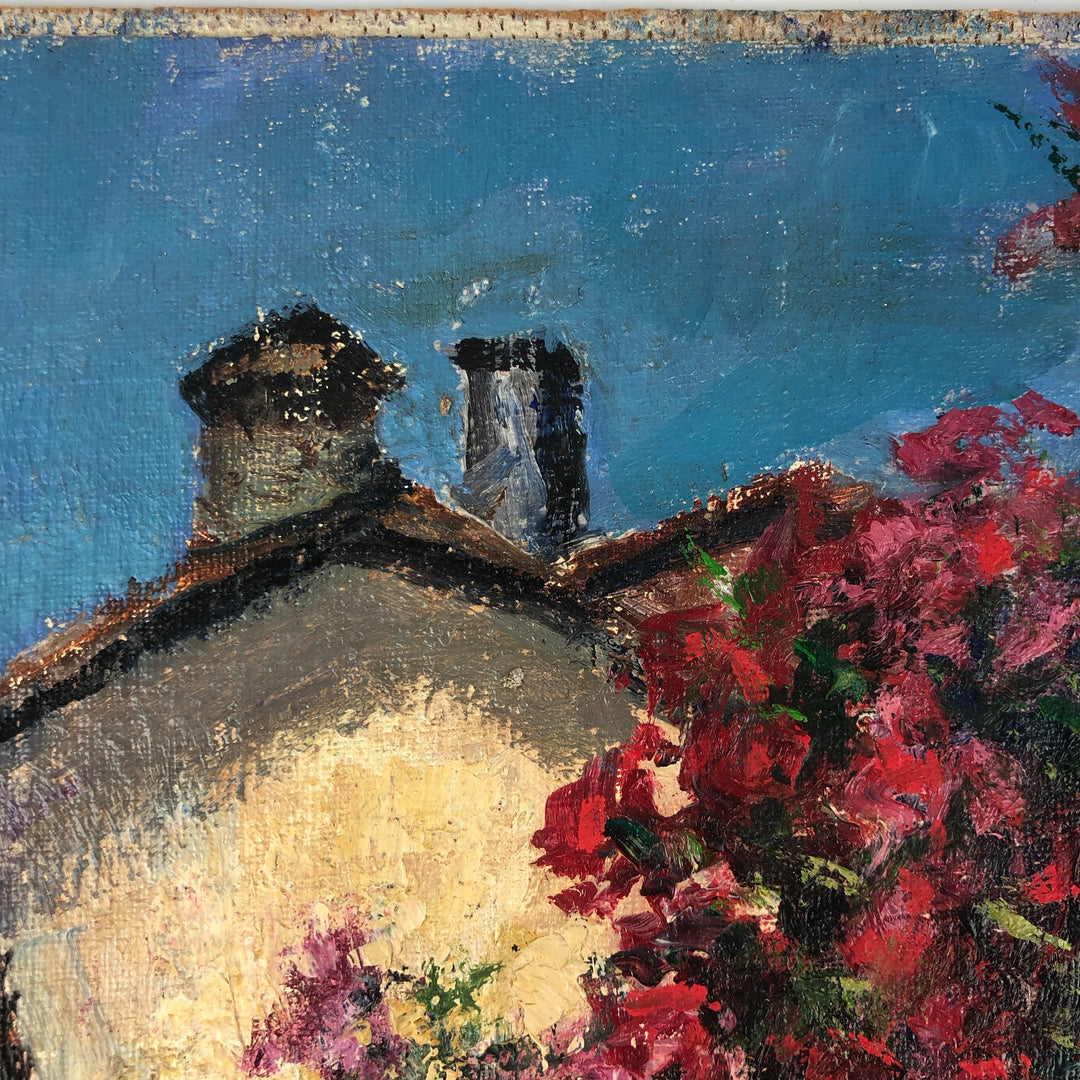 Painting of a Southern village with colorful flowers by Renaat Ivens