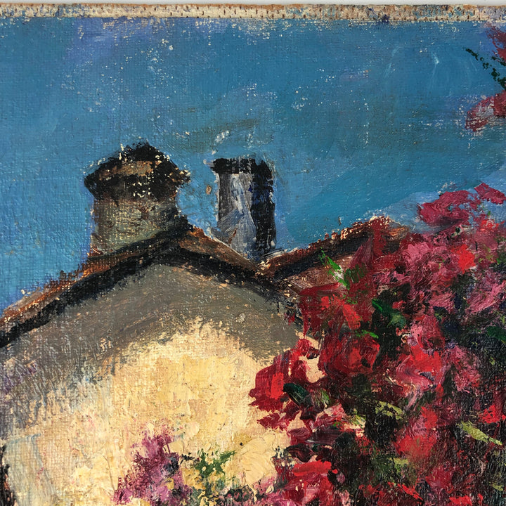 Painting of a Southern village with colorful flowers by Renaat Ivens