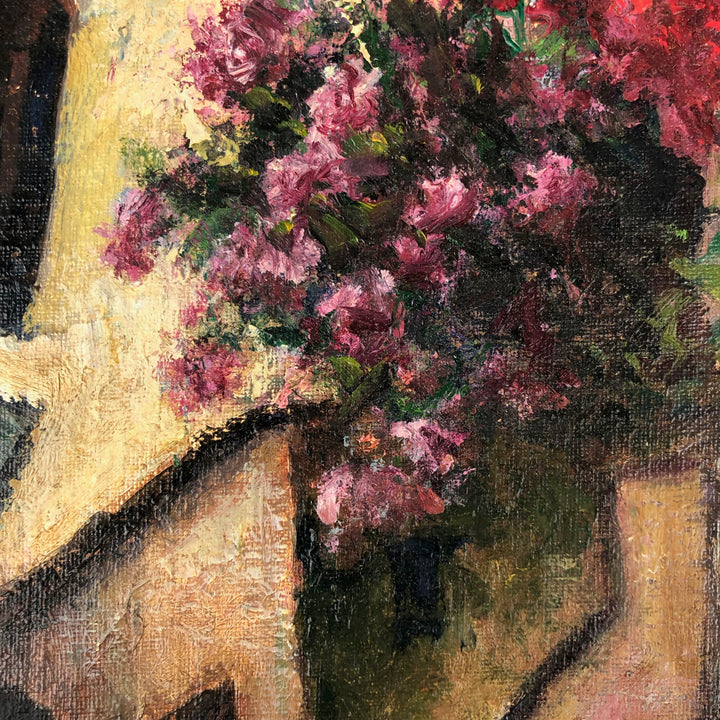 Painting of a Southern village with colorful flowers by Renaat Ivens