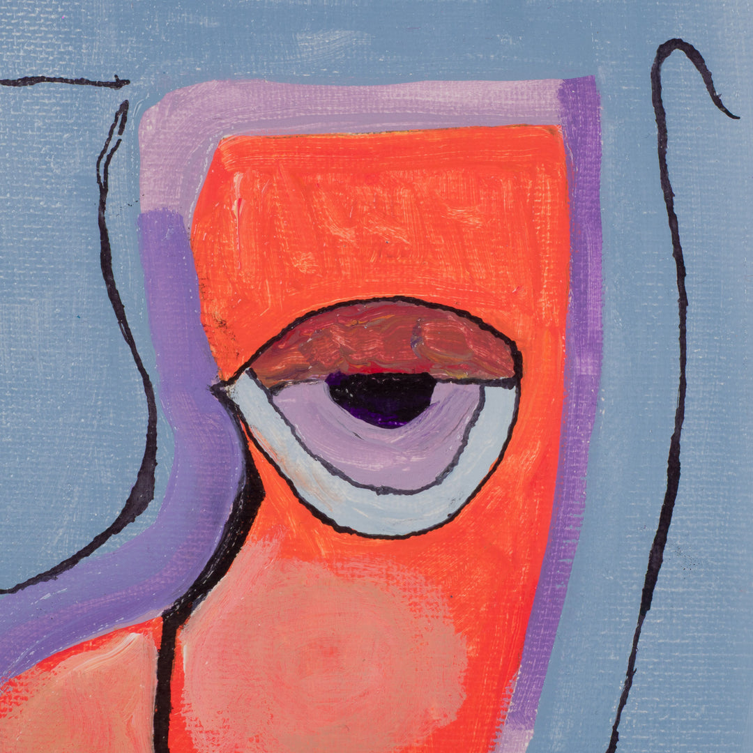 Schilderij geometrisch vrouwengezicht in licht blauw, paars en oranje – JP Terryn (2021) – 21 x 30 cm