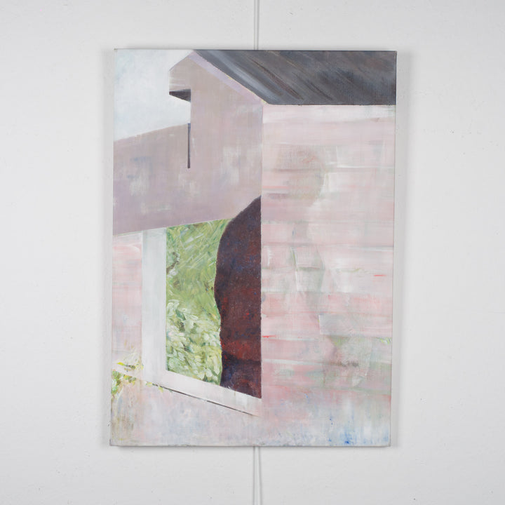 Schilderij van Rita Pollet – man kijkend door het raam in zachte pasteltinten