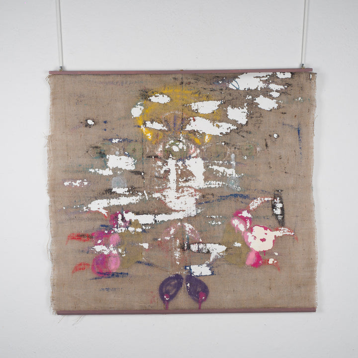 Schilderij van een iconisch figuur op jute – Heidi Schoefs – 117x110 cm