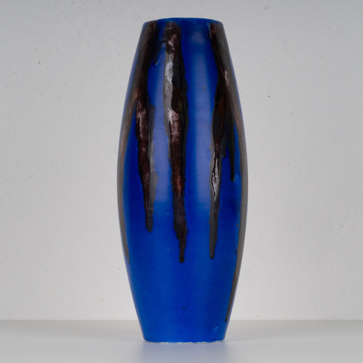 Koningsblauwe keramische vaas met druipglazuur – gesigneerd ‘79’ – 31 cm