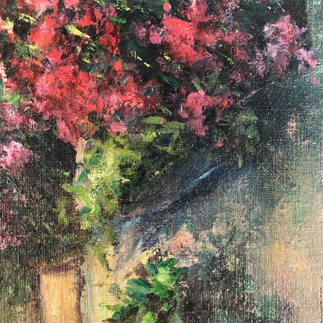 Painting of a Southern village with colorful flowers by Renaat Ivens