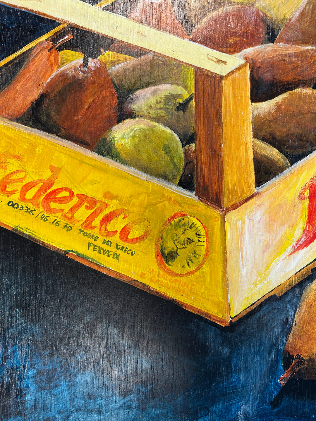 Kristien Berings – Stilleven met peren in kist – 1997 – 50 x 57 x 1 cm