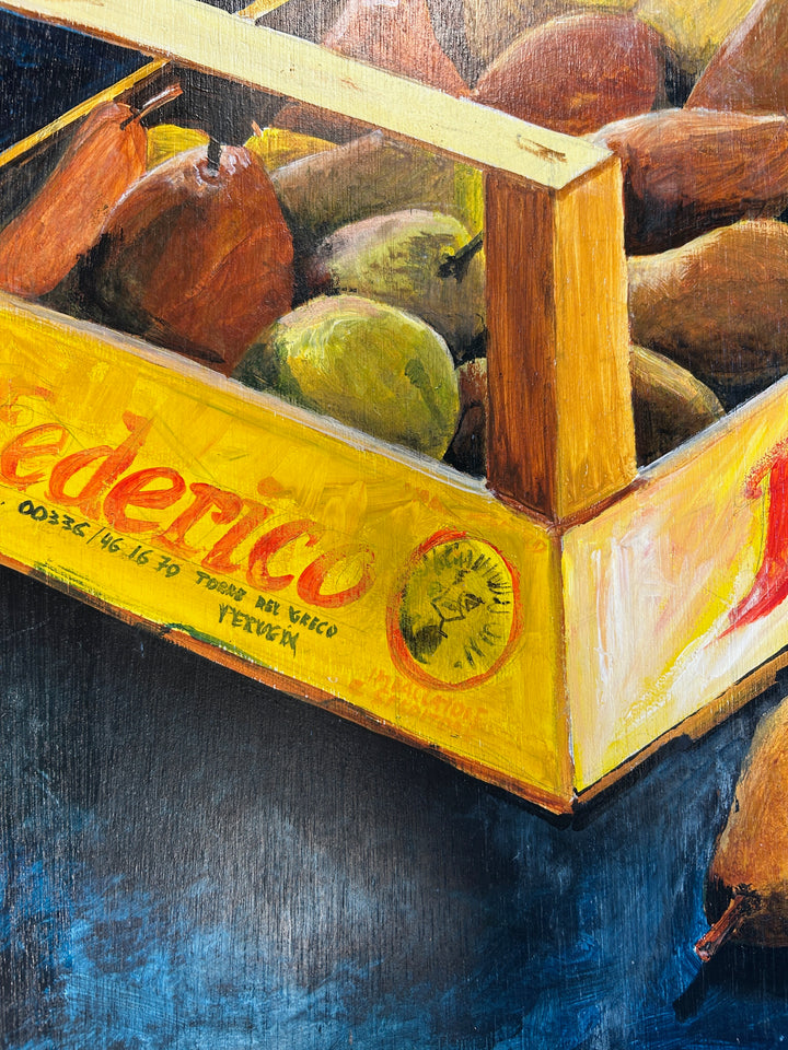 Kristien Berings – Stilleven met peren in kist – 1997 – 50 x 57 x 1 cm