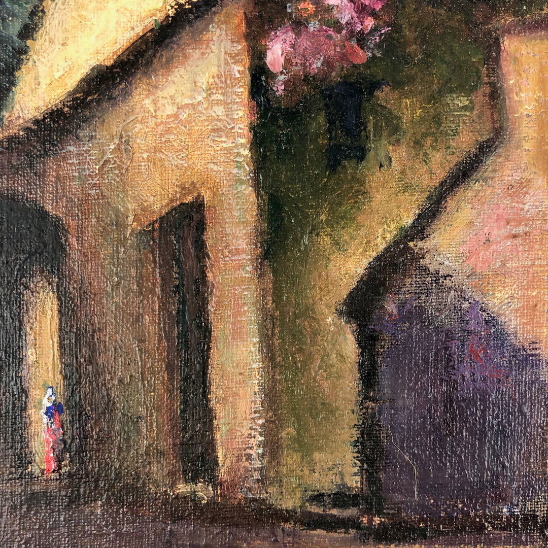 Painting of a Southern village with colorful flowers by Renaat Ivens