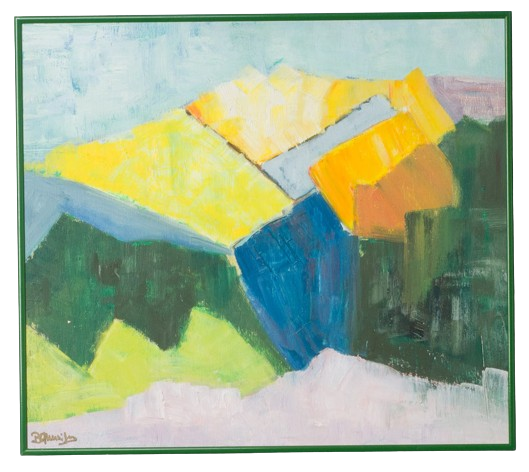Abstract schilderij in groen, geel en blauw – 53 x 47 cm