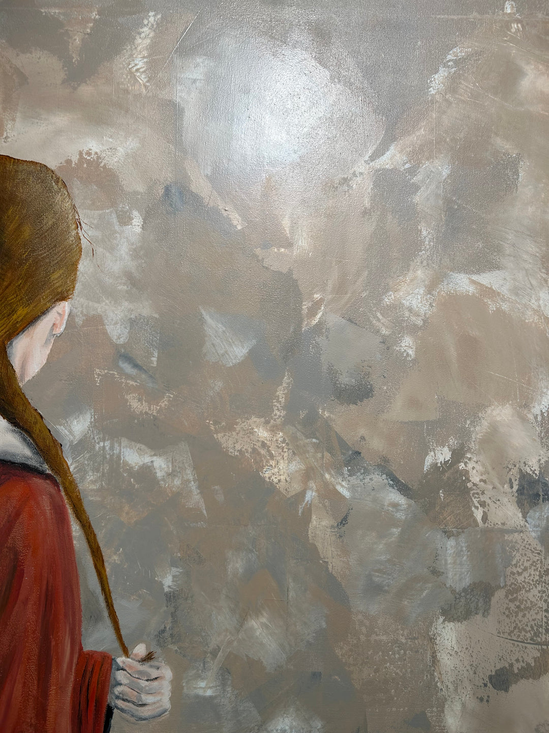Schilderij Atelier S – 120 × 120 × 4 cm | Hedendaagse figuratieve kunst met abstracte achtergrond