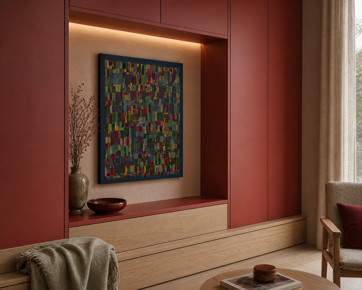 Modern rechthoekig schilderij – abstracte vakjes in blauwtinten, groen en rood / 66,5x50x2cm