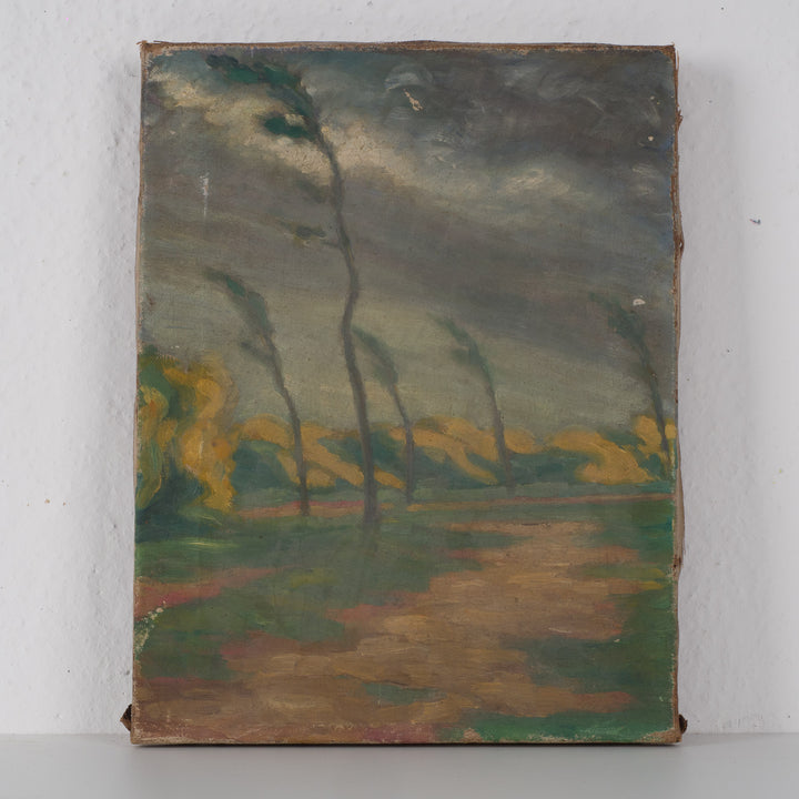 Antique green landscape painting – oil on canvas with swaying trees