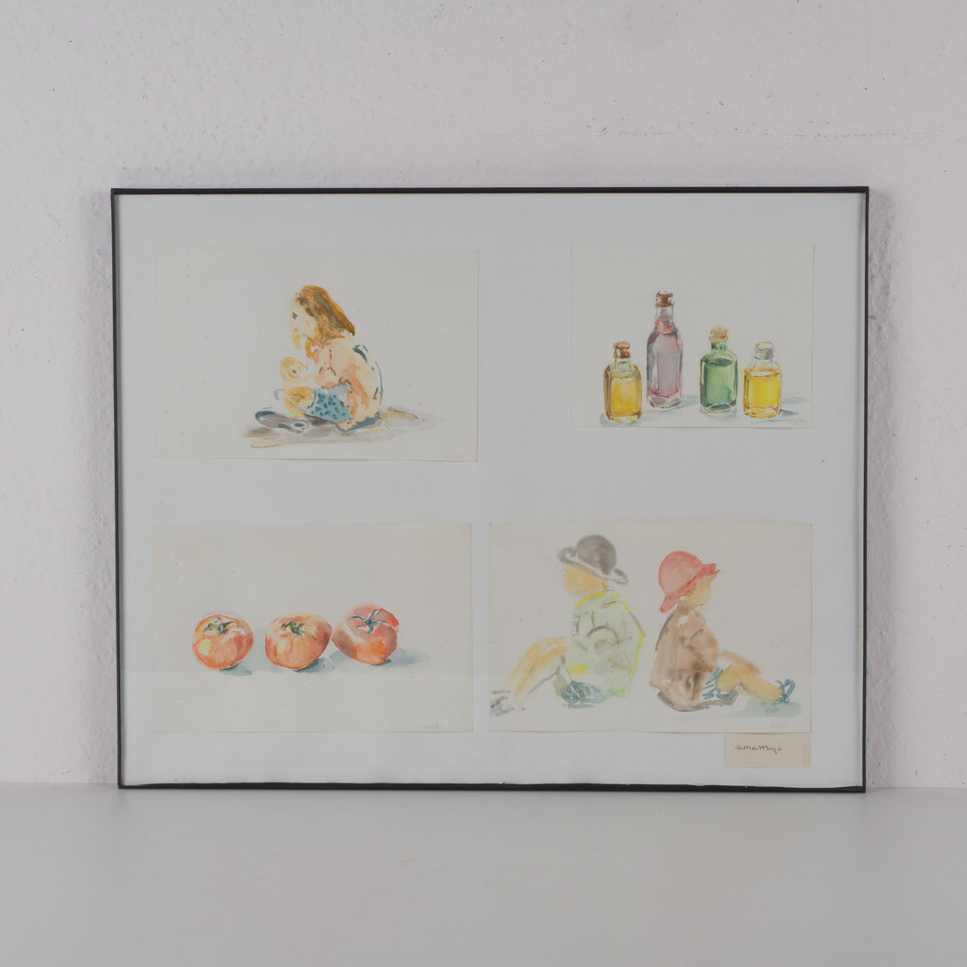 Aquarellen van S. Matthys (1997) in één kader – 50 x 40 x 2 cm