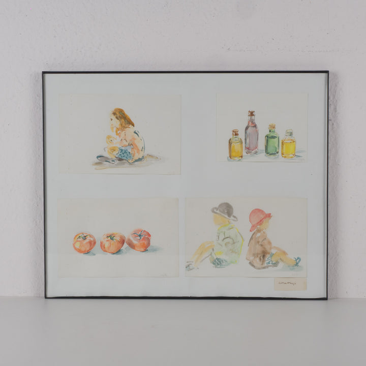 Aquarellen van S. Matthys (1997) in één kader – 50 x 40 x 2 cm