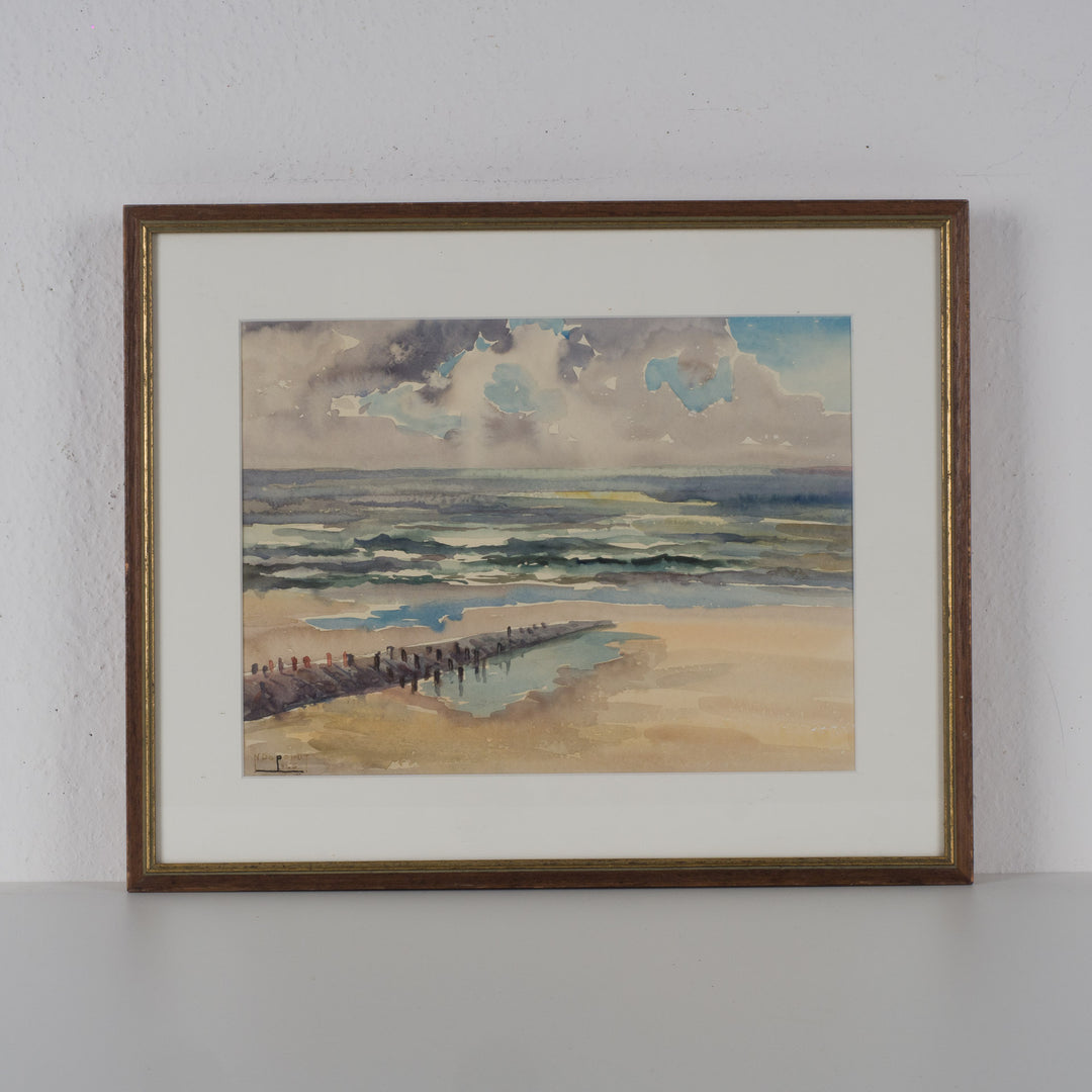 Mooie aquarel van zee en strand, gesigneerd: N. Depondt