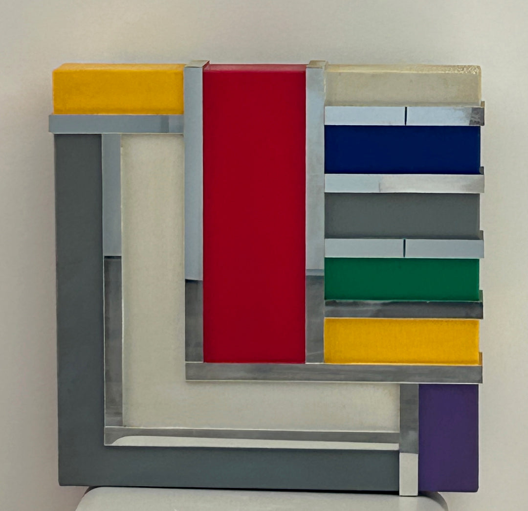 Geometrisch Ritme in Kleur – Vintage Houten Kunstwerk met Spiegelaccenten (36x36 cm)
